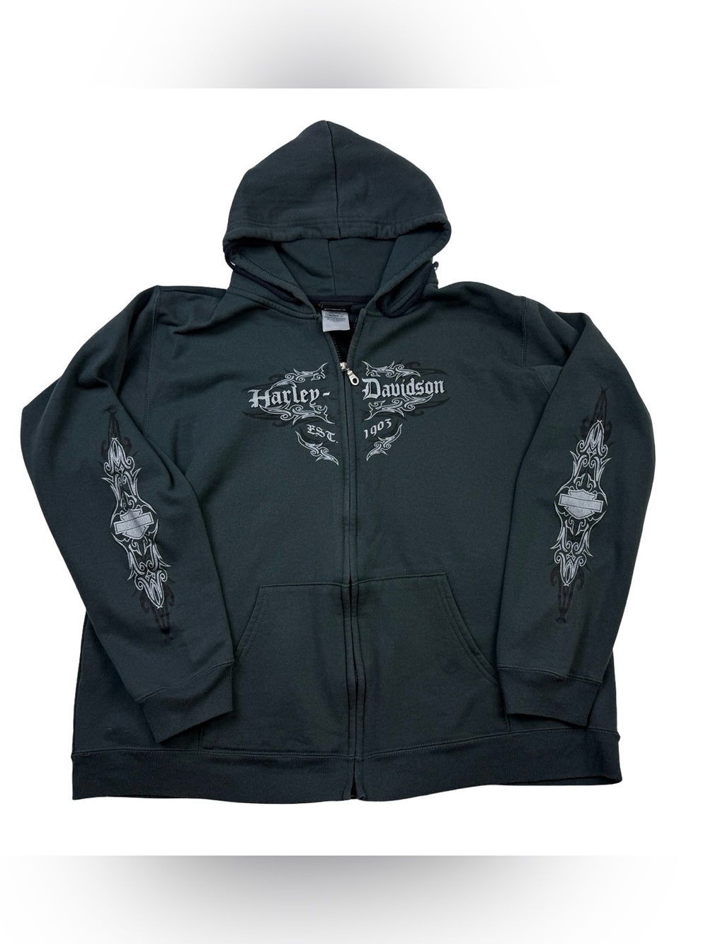 Vtg Harley Davidson Women Hoodie 1X Black Tribal Wings Y2K Biker Distressed
